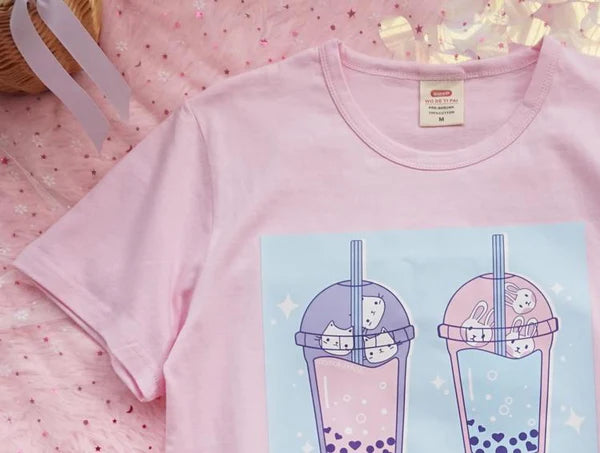 Adorable Milky Pink Boba Tea Women T-Shirt Kawaii Kittens & Bunnies