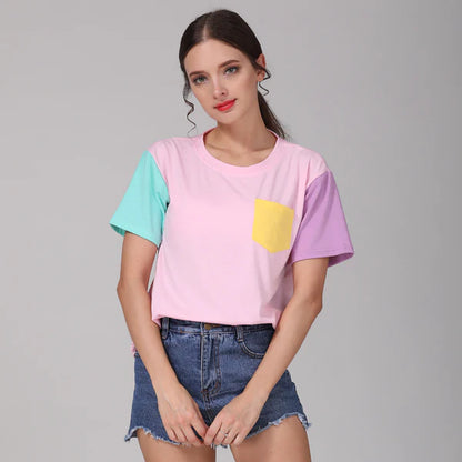 Vibrant Color Delight Pastel Patchwork Tee Trendy Women's Kawaii T-Shirt