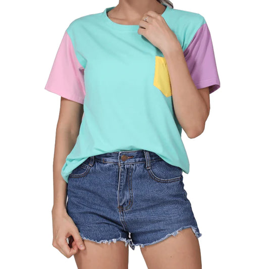 Vibrant Color Delight Pastel Patchwork Tee Trendy Women's Kawaii T-Shirt