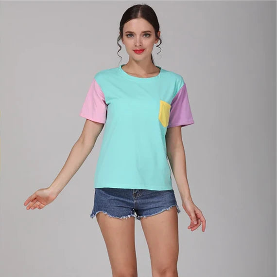 Vibrant Color Delight Pastel Patchwork Tee Trendy Women's Kawaii T-Shirt