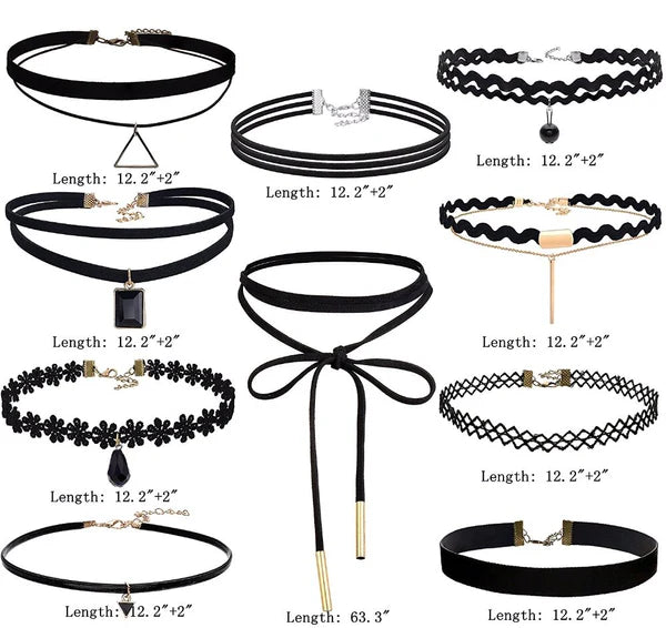 Gothic Choker Necklace Set (10 Piece) Adjustable & Versatile