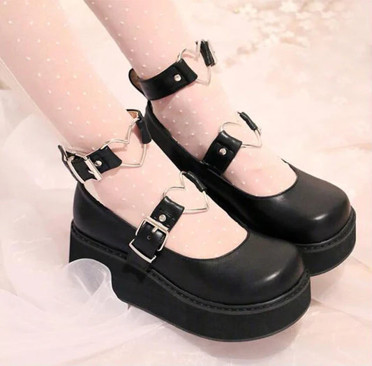 Traditional Lolita Low-Heel Women's Platform Shoes Kawaii Heart Buckles