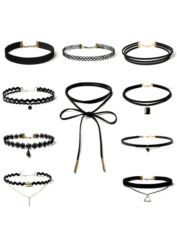 Gothic Choker Necklace Set (10 Piece) Adjustable & Versatile