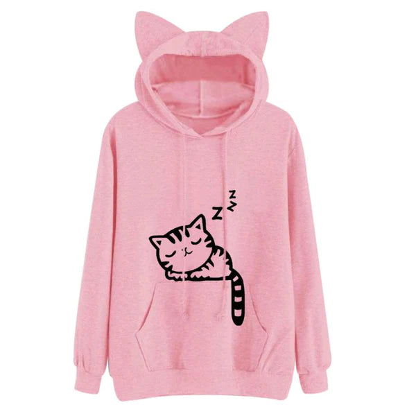 Snuggly Soft Knit Pullover Women's Hoodie Adorable Sleepy Kitten Vibes