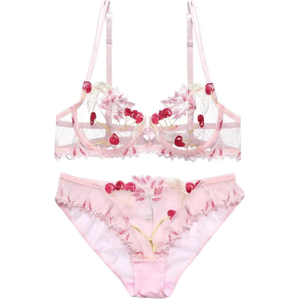 Cherry Kawaii Lingerie Set Sweet Embroidered Chiffon Lace Bra & Panties