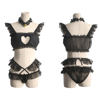 Peekaboo Heart Kitten Lingerie Set Luxurious Alluring Breathable Fabric