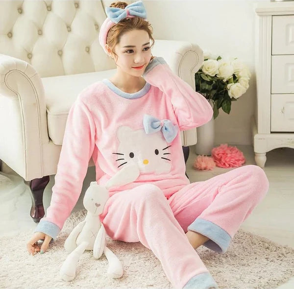 Adorable Hello Kitty Pajamas Womens Kawaii Fuzzy Flannel PJ's 16 Styles