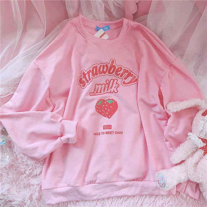 Vibrant Harajuku Vibes Kawaii Street Fashion Strawberry Milk Sweater