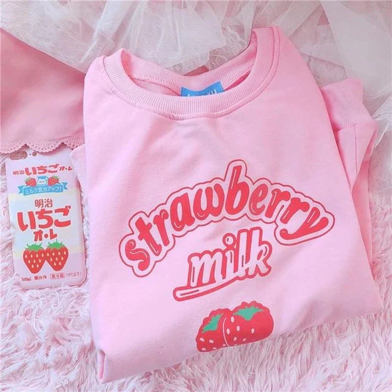 Vibrant Harajuku Vibes Kawaii Street Fashion Strawberry Milk Sweater