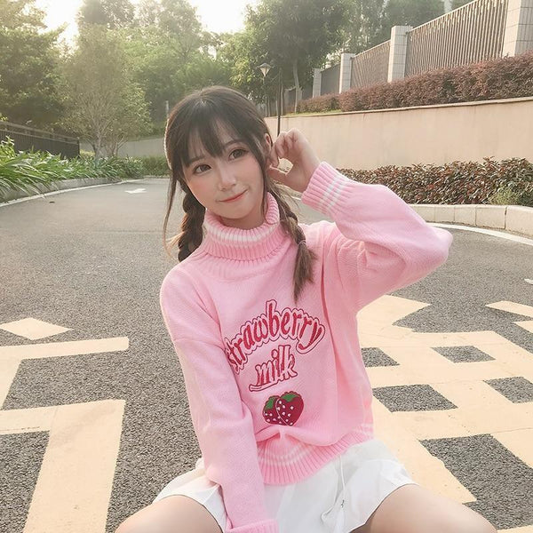 Cozy up in Style Strawberry Milk Knit Sweater Women Winter Essential