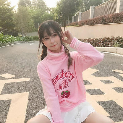 Cozy up in Style Strawberry Milk Knit Sweater Women Winter Essential