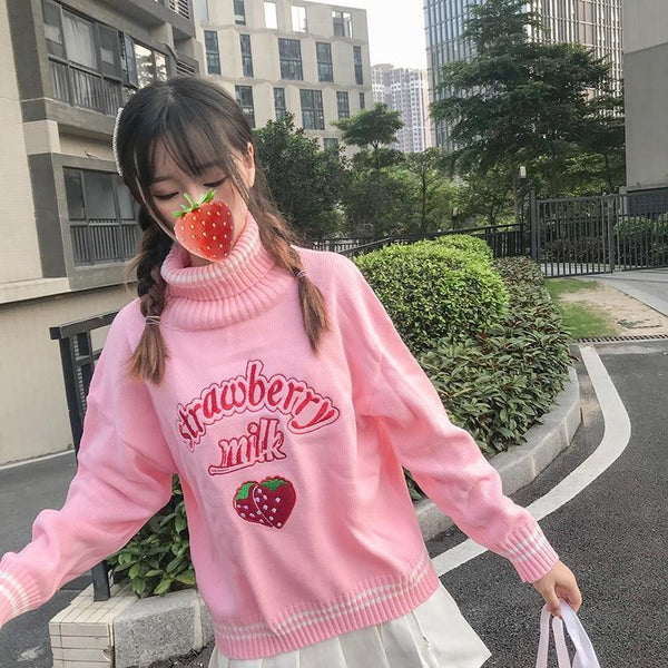 Cozy up in Style Strawberry Milk Knit Sweater Women Winter Essential