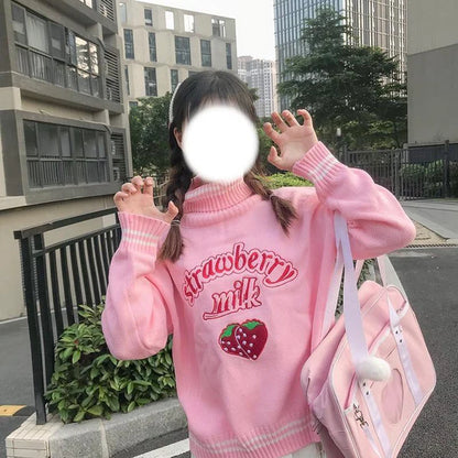 Cozy up in Style Strawberry Milk Knit Sweater Women Winter Essential