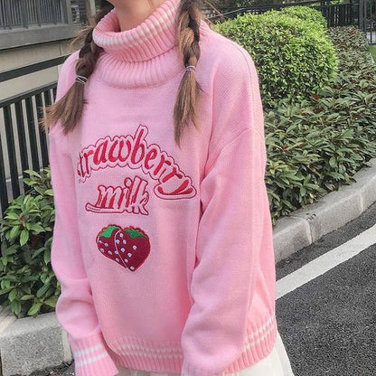 Cozy up in Style Strawberry Milk Knit Sweater Women Winter Essential