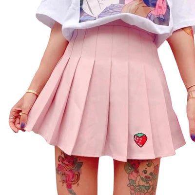 Hand-Embroidered Strawberry Pleated Skirt Kawaii Mori Girl Style