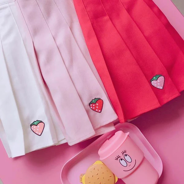 Hand-Embroidered Strawberry Pleated Skirt Kawaii Mori Girl Style