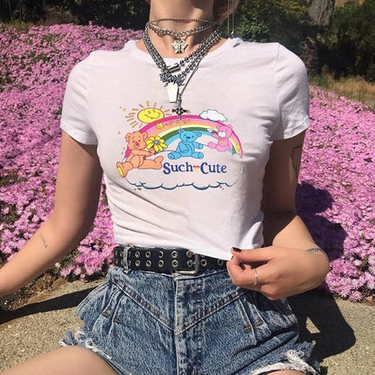 Adorable Rainbow Care Bear Crop Top Shirt Women's Kawaii Fashion