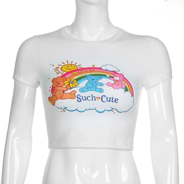 Adorable Rainbow Care Bear Crop Top Shirt Women's Kawaii Fashion