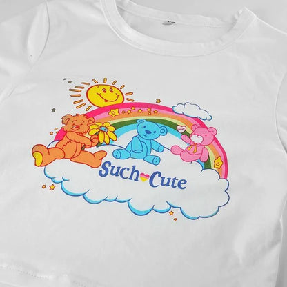 Adorable Rainbow Care Bear Crop Top Shirt Women's Kawaii Fashion