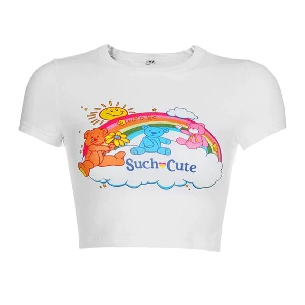 Adorable Rainbow Care Bear Crop Top Shirt Women's Kawaii Fashion