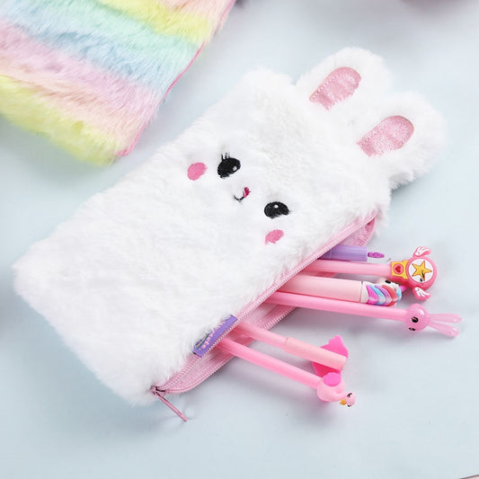 Kawaii Bunny Pink Pencil Case For Girls Boys Plush Pencil Box School Cute Large Capacity Pencil Case Stationery School Supplies