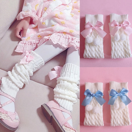 Japanese Preppy Style Women Girls Leg Warmers Sweet Bow Ball Boot Cuffs Foot Cover Lolita Chunky Twist Cable Knitted Knee