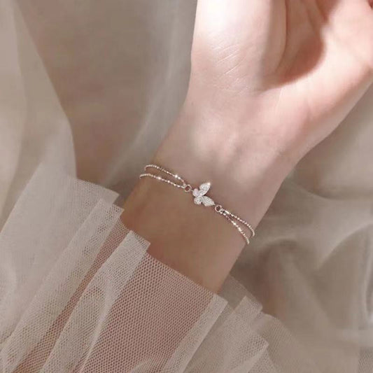 JWER Sweet Shining Zircon Butterfly Bracelet for Women Anti-Allergic Silver Color Chain Bling Bracelet with Stamp Gift