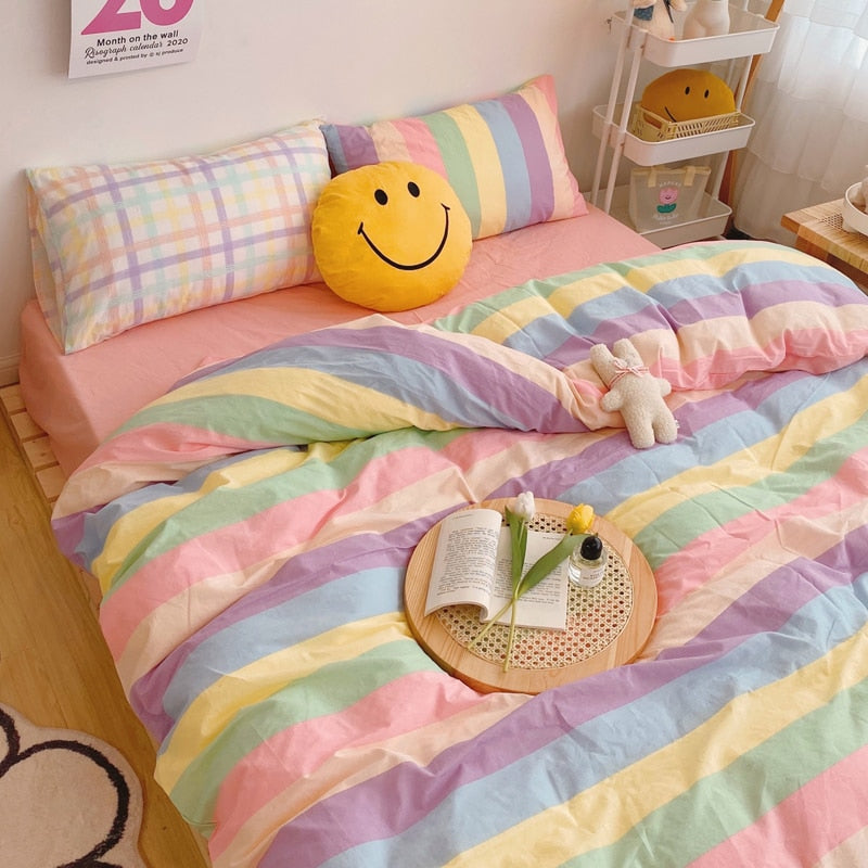 Kawaii Fashion Rainbow Bedding Set 100% Cotton Flat Bed Sheet And Pillowcases Luxury Korean Style Princess Full Queen Bed Sets