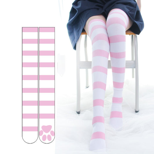 Cosplay Over Knee Socks Pink Strip Kawaii Cat Paw Print Stockings Lolita Gothic Velvet Overknee Thigh High Long Stockings
