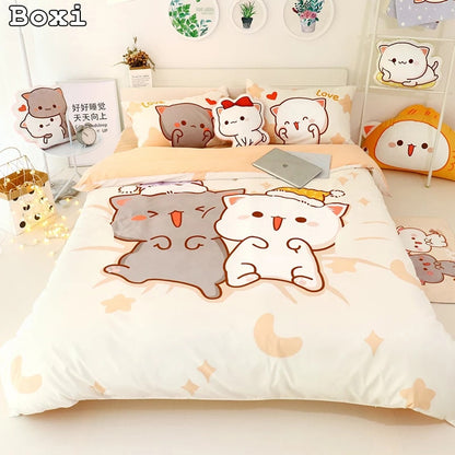 4Pcs Set Kawaii Cat Bed Sheet Cotton Bedding Set Soft Comforter Cover Twin Full Queen Size For Girls Bed Sheets and Pillowcases