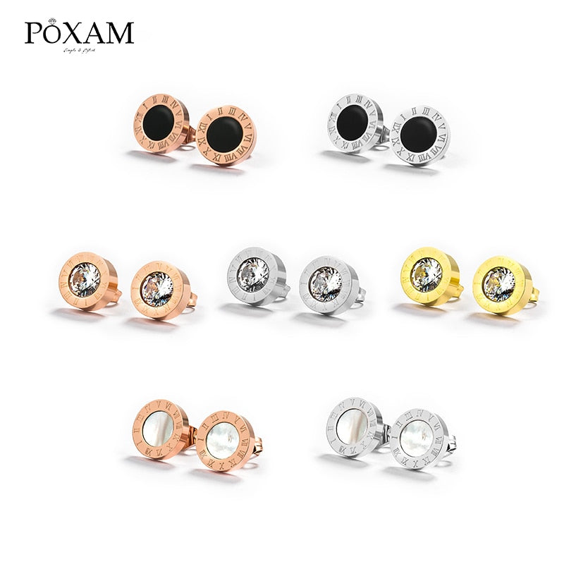 Korean Simple Statement Earrings Stainless Steel Stud Earrings For Women Vintage Roman Numeral Crystal Small Earing Jewelry