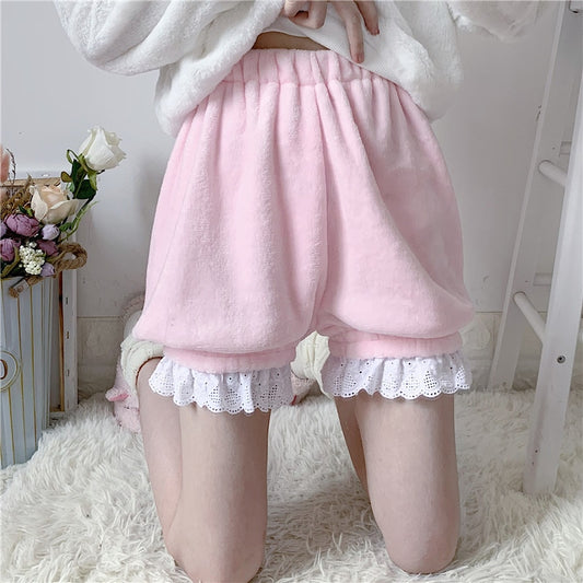 Winter Cute Lolita Girls Warm Velvet Shorts Sweet High Waist Lace Women's Soft Pajamas Shorts Summer Kawaii Bloomers Pink White