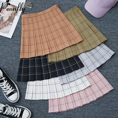 PEONFLY Sweet Women Pleated Skirt Fashion Plaid A-Line Mini High Waist Chic Skirt Kawaii Summer Casual Ladies Plaid Skirt