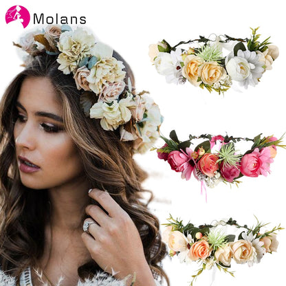 Molans Spring Bohemian Flower Crowns Beach Hawaii Floral Garland Romantic Faux Rose Wedding Wreaths New Flower Headband