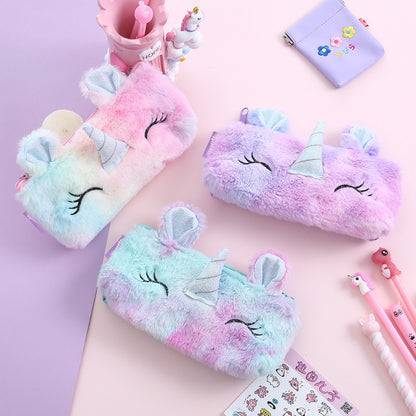 Kawaii School Pencil Case for Girls Boys Pencilcase Cute Unicorn Stationery Pen Bag Plush Cat Penal Box Large Big Pouch Supplies