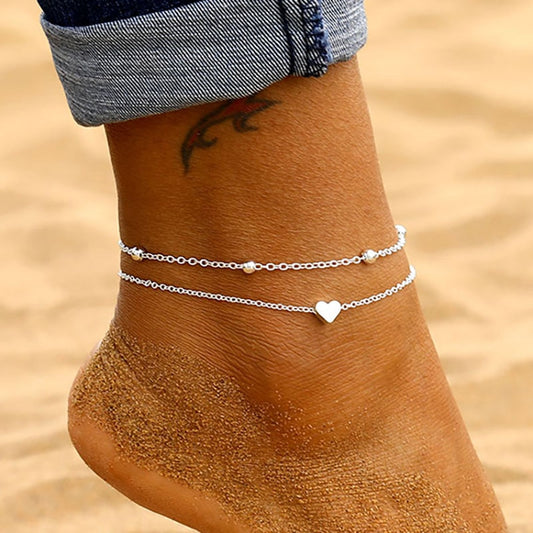 IPARAM Women's Anklet Bohemian Layered Heart Anklet Summer Beach Anklets On Foot Ankle Bracelets For Women Leg Chain