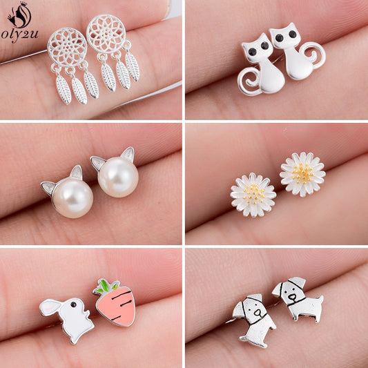 Fashion Earings Jewelry Silver Color Small Pearl Cat Stud Earrings for Women Girls Summer Daisy Flower Earring pendientes mujer