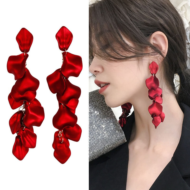 New Arrival Vintage Women Dangle Earrings Rose Petal Long Tassel Earrings Female Korean Jewelry Red Earrings