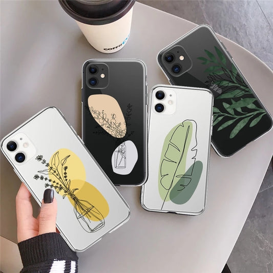 Simple Plum Blossom Leaf Phone Case For iPhone 13 12 11 14 Pro Max Mini XS XR X 7 8 Plus SE 2020 Soft Transparent TPU Cover Capa