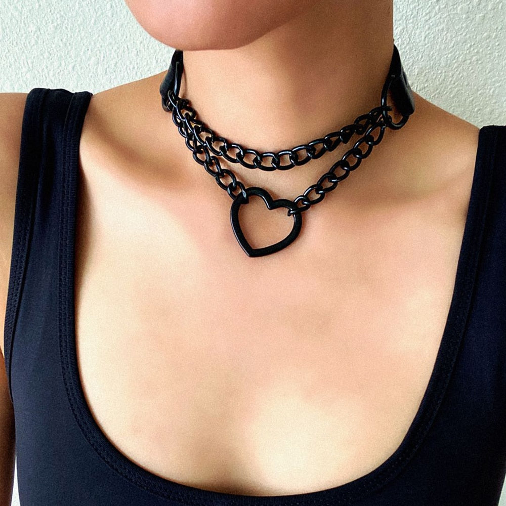 Vintage Heart Necklace Choker With Chain Goth Collar For Girls Grunge Punk Cute Kawaii Egirl Chocker  Harajuku Accessories