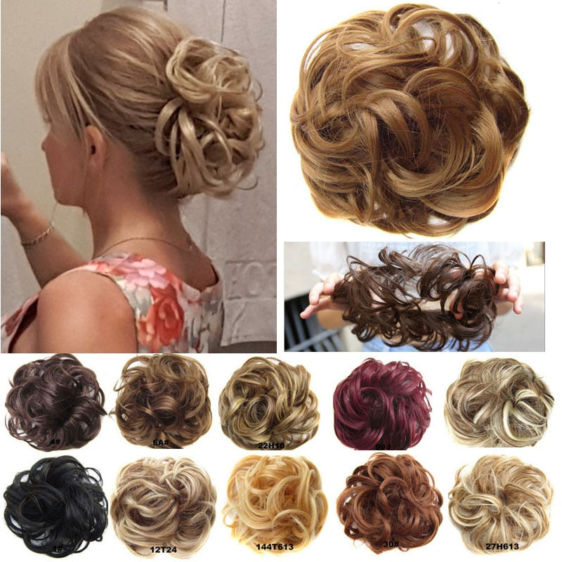 Jeedou Messy Bun Chignon Donut Hair Pad Elastic Hair Rope Rubber Band Synthetic Hairpiece Black Gary Brown Color