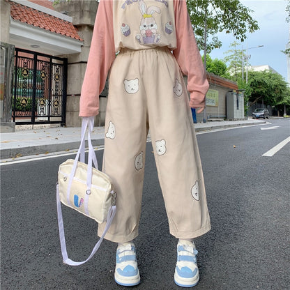 Japanese Kawaii  Soft Girl Cute Bear Printing Women Pants Basis Wild High Waist Loose Trousers Elastic Waist Casual Student Pant