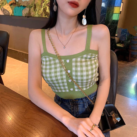 Vest Women Plaid Crop Tops Buttons Camis Knitting Cute Tank Tops Ladies Sleeveless Solid Crop Tops Women Summer