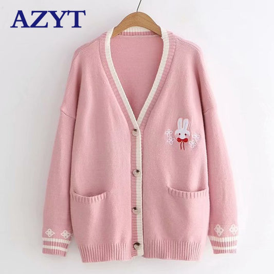 AZYT Cartoon Embroidery Rabbit Knit Cardigan Female Spring Autumn Loose Knitwear Women Sweater Cardigan Casual Pull Femme