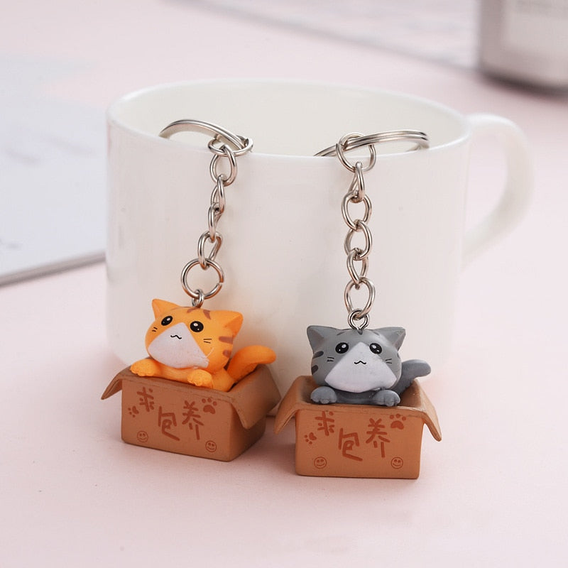 Cute Little Box Cat Key Chain Women Men Kawaii Kitten Car Keychain Fashion Letter Keyring Animal Jewelry Dating Anniversary Gift
