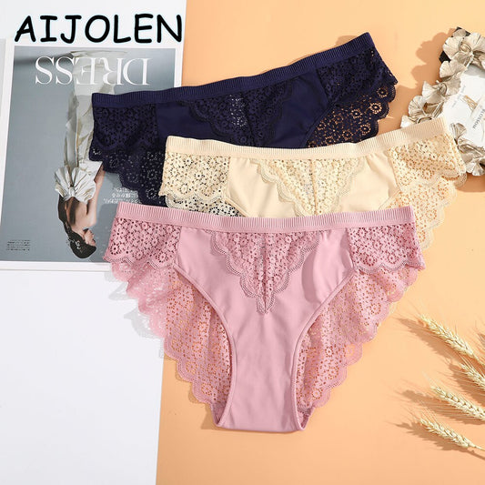 AIJOLEN Hollow Lace Briefs Solid Color Women's Panties Mid-waist Comfortable Large Size Underwear Cute Flower UNderpants