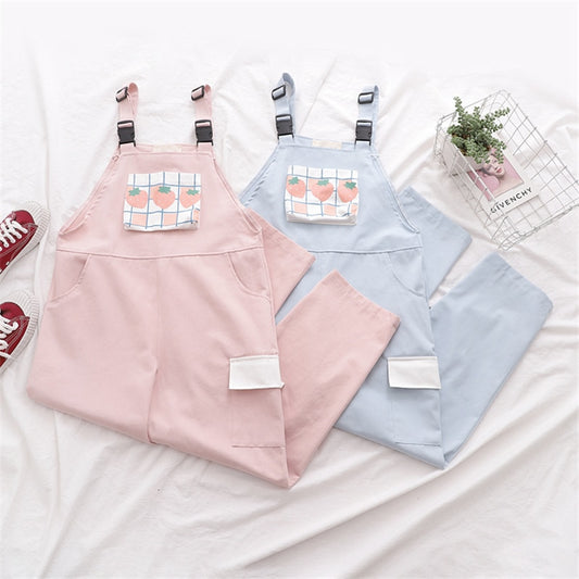 Harajuku Kawaii Cargo Pants Women Sweet Plaid Strawberry Print Casual Trousers Female Pink Overalls Girls Cute Vintage Jumpsuit
