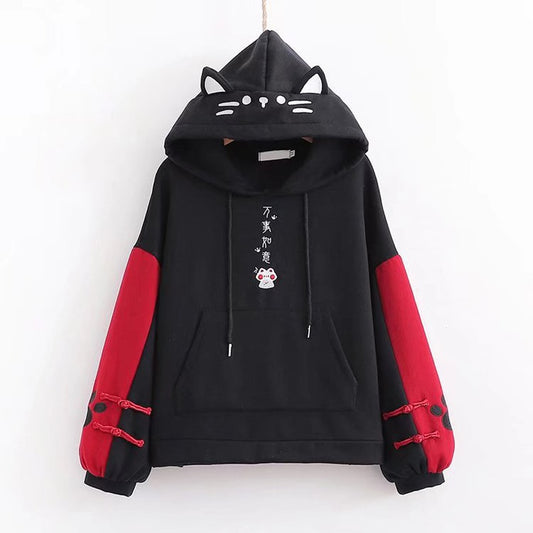 Winter Kawaii Black Hoodie Women Autumn Japanese Harajuku Cute Cat Ears Oversize Hooded Sweatshirt Female Vintage Pullover