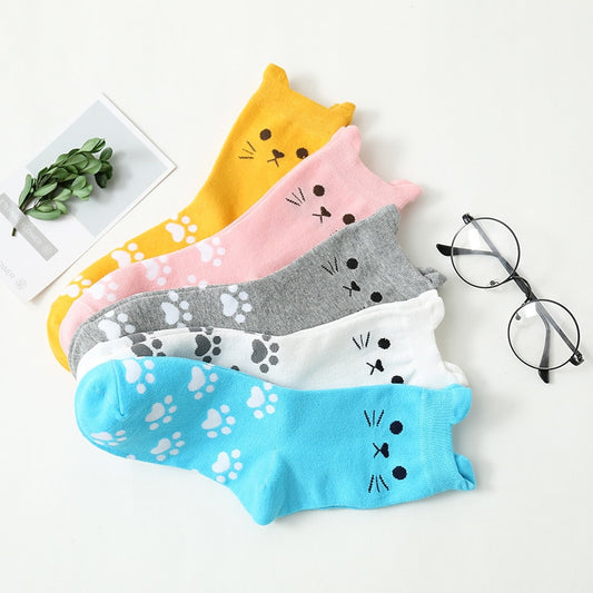 Colorful Polka Dot Owl Footprint Cat Edge Erect Ears Cute Harajuku Women Socks Happy Casual Comfortable Soft Cotton Socks Autumn