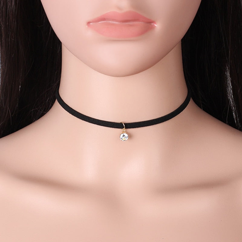 Poputton Rhinestone Chokers Necklaces for Women Jewelry Black Velvet Rope Chain Choker Necklace with Pendant Collier Femme